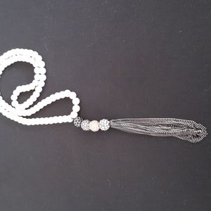 Beaded off White Beaded 15 in Necklace with 6 in Rhinestone Tassel